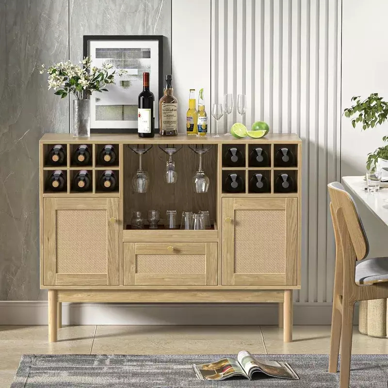 خزانة بار نبيذ من الخيزران الهندي مع درج ، خزانة خمور خشبية مع رف نبيذ ، خزانة مطبخ جانبية ، خزانة نبيذ بوفيه