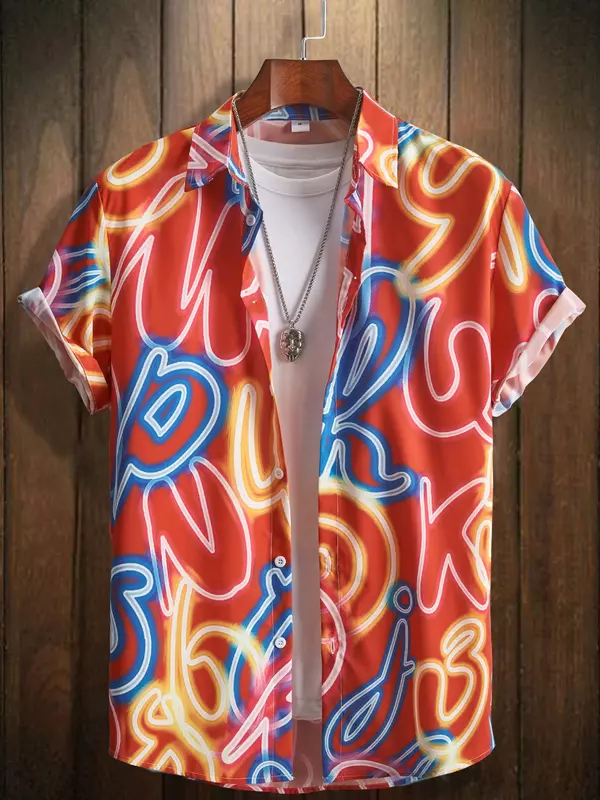 قميص رجالي مطبوع بطية صدر نيون ، قمصان كاجوال بأكمام قصيرة بأزرار ، ملابس رجالية ، ملابس الشارع في هاواي ، الصيف