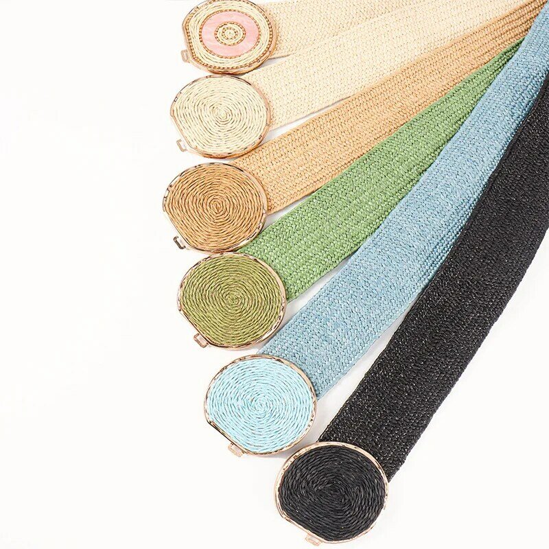 موضة متعدد الألوان المرأة مطاطا حزام PP القش نسج زوج دائري مشبك الخصر حزام الديكور فستان معطف الجينز زنار