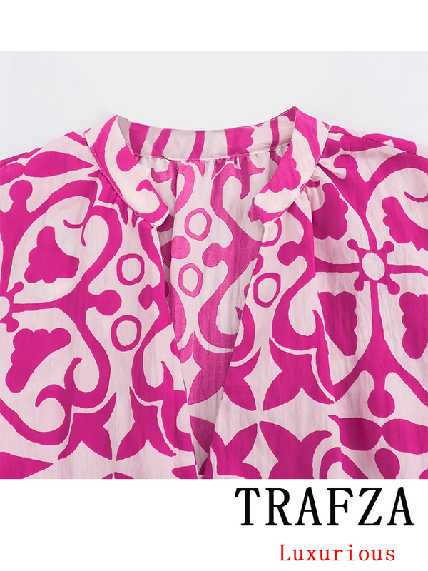 ترافزا-فستان كلاسيكي مطبوع وردي للنساء ، رقبة حرف V ، دانتيل ، أكمام طويلة ، صدر واحد ، قميص ، موضة ، عطلة صيفية ،