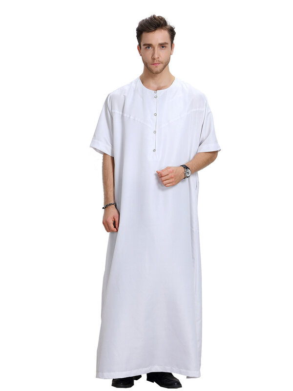 رداء رجالي بلون سادة نمط سعودي زر جوبا ثوب رجل عتيق كم قصير رقبة مستديرة عربية إسلامية رمضان ملابس إسلامية
