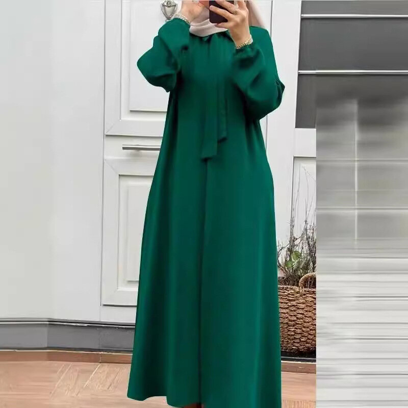 فستان إسلامي بأكمام طويلة للنساء المسلمات ، ملابس عصرية ، ياقة مطوية ، عبايات دبي ، فستان قصير بطول كامل