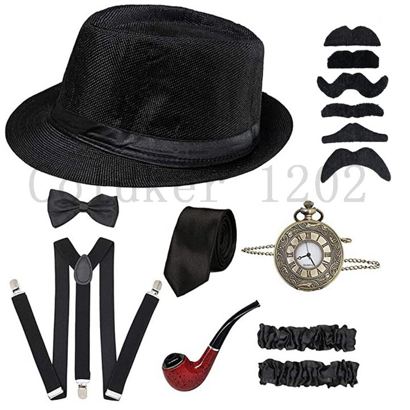 السفينة حرة هالوين 1920s رجل غاتسبي العصابات اكسسوارات مجموعة بنما قبعة الحمالة ربطة القوس فيونكة 20s غاتسبي العظيم تأثيري اكسسوارات