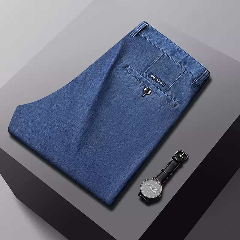 سراويل جينز كاجوال للأعمال للرجال ، جينز مستقيم مطاطي ، سراويل قماشية مشروط ، أزرق فاتح ، علامة تجارية للذكور ، جديد ، الربيع ، الخريف