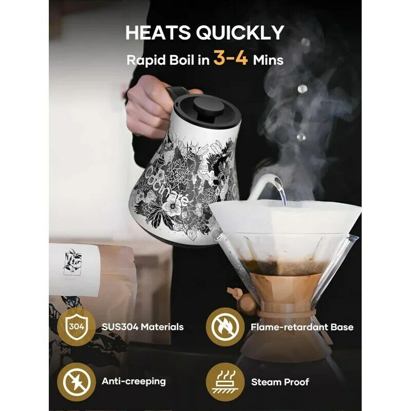 غلاية Cocinare-goseneck مع تحكم في درجة الحرارة ، صب القهوة والشاي ، من من من من من من نوع gult ، من نوع كهربائي W ، 180 ثانية ، وقت الغليان السريع