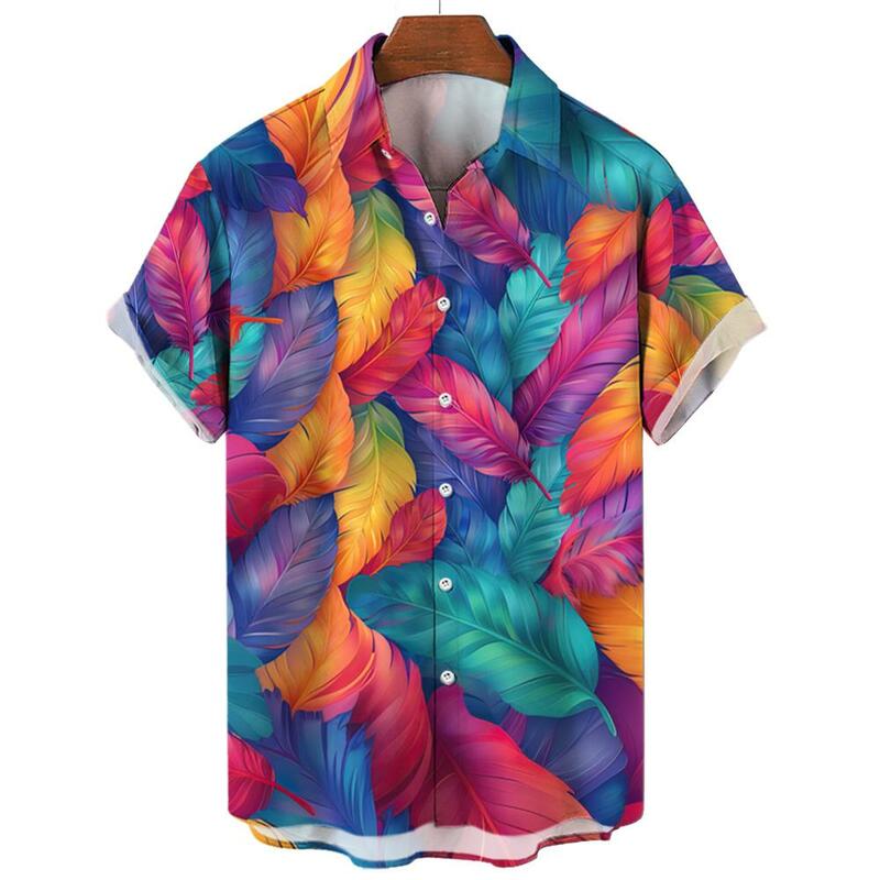 قمصان رجالي كاجوال من الريش هاواي ، ملابس بأكمام قصيرة بطية صدر ، قمصان ألوها فضفاضة ، الصيف