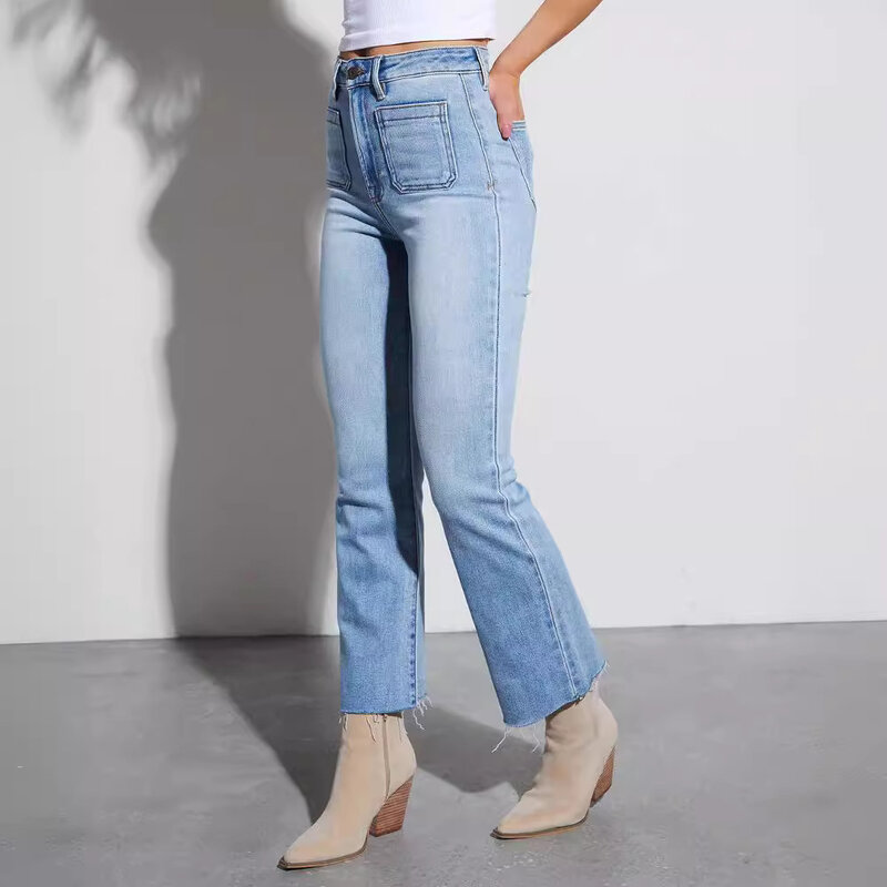 شينتانغ-بنطلون جينز نسائي من الصوف المرن مستقيم الساق ، جديد ، سروال جينز مقطوع ومغسول
