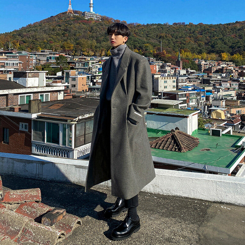 معطف الصوف الرجال الشتاء النسخة الكورية الجديدة من الاتجاه فضفاضة طويلة عالية الجودة معطف الصوف معطف.