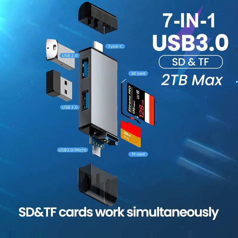 USB 3.0 نوع C إلى SD TF قارئ بطاقة ، بطاقة الذاكرة ، فلاش حملة محول للكمبيوتر ، اكسسوارات الكمبيوتر المحمول ، متعددة الذكية Cardreader ، 7 في 1