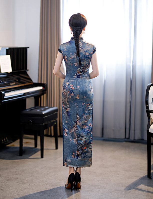 الصينية التقليدية الجانب سبليت طويل تشيباو فستان زهرة طباعة المتضخم 4XL فستان حفلة رسمية Vestidos خمر زر شيونغسام