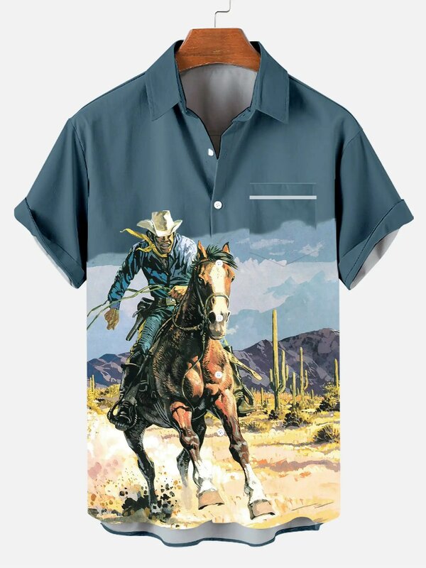 قميص رعاة البقر الفروسية الرجالي غير الرسمي ، طباعة ثلاثية الأبعاد ، ياقة مطوية ، أكمام ، قمصان صيفية للأولاد ،