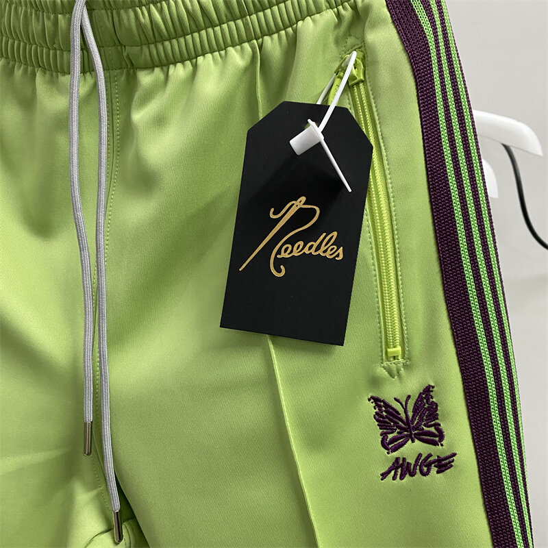 New Yellow Green Stripes Needles Sweatpants Men Women Poly Smooth Track Pants Butterfly Embroidery Trousers
