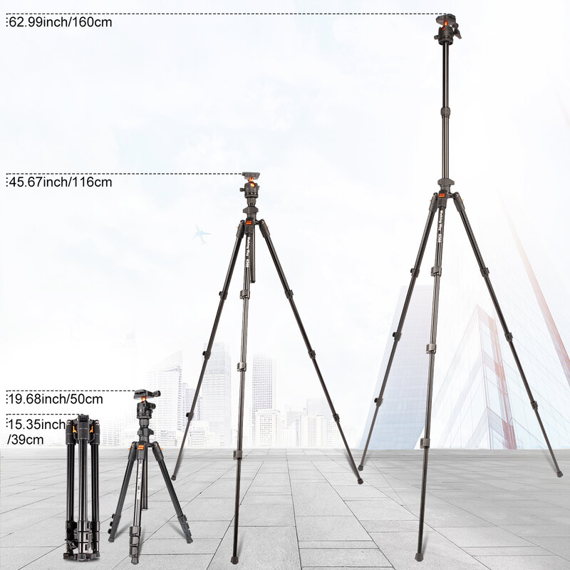 حامل ثلاثي احترافي للكاميرا عالي الجودة مقاس 62.99 بوصة من WalkingWay مناسب للسفر من الألومنيوم DSLR مع رأس كروي بانوراما 360 درجة