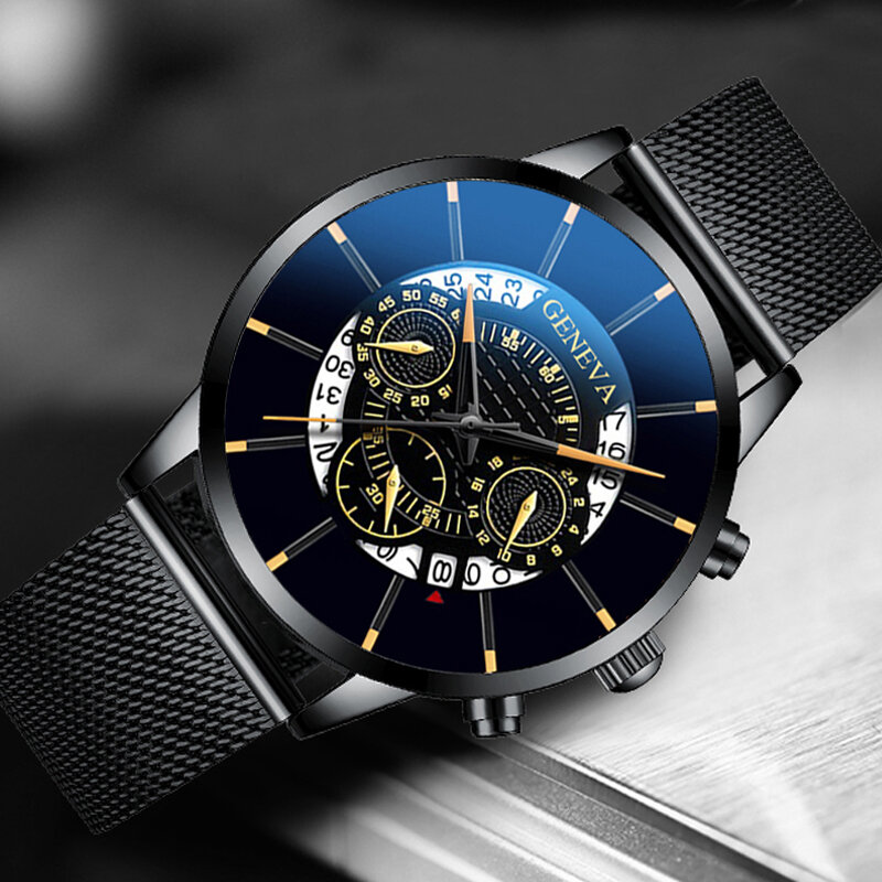 ساعات رجال أعمال جديدة موضة 2023 للرجال ساعة ذهبية من الفولاذ المقاوم للصدأ مع حزام شبكي ساعة معصم كوارتز غير رسمية reloj hombre