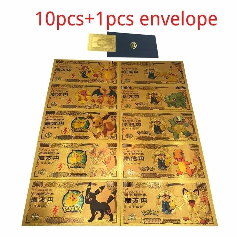 6-11 قطعة بطاقات البوكيمون بيكاتشو Pokeball الذهب الأوراق النقدية 10000 ين الذهب البلاستيك الأوراق النقدية لجمع ذاكرة الطفولة الكلاسيكية