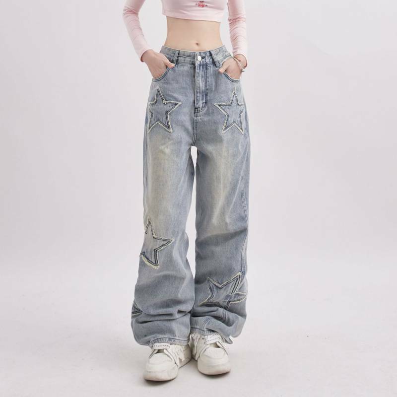 بنطلون غير رسمي بأرجل واسعة مستقيمة للنساء ، بنطلون جينز فضفاض أزرق ، تصميم رقعة نجمة عالية الشارع ، ماركة Y2K Chic ، ربيع ، 2022