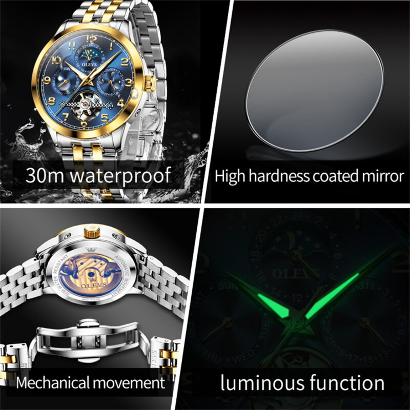 ساعة عصرية ميكانيكية OLEVS ، سوار ساعة من الفولاذ المقاوم للصدأ ، قرص دائري ، شاشة أسبوع ، تقويم ، هدية ، من من من الفولاذ المقاوم للصدأ