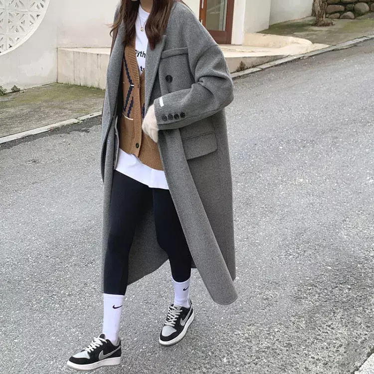 خريف شتاء 2022 الكورية المرأة ارتداء عالية الجودة الصوف معطف الوجهين معطف من قماش الكشمير طويلة الأكمام مزدوجة الصدر معطف