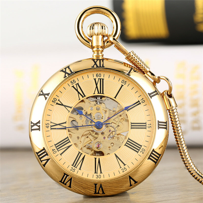 ساعة جيب آلية ميكانيكية للرجال والنساء ، أرقام رومانية ، ذهبية وفضية ، وجه مفتوح ، قلادة ، ساعة سلسلة ، ساعات هيكل عظمي ، هدية