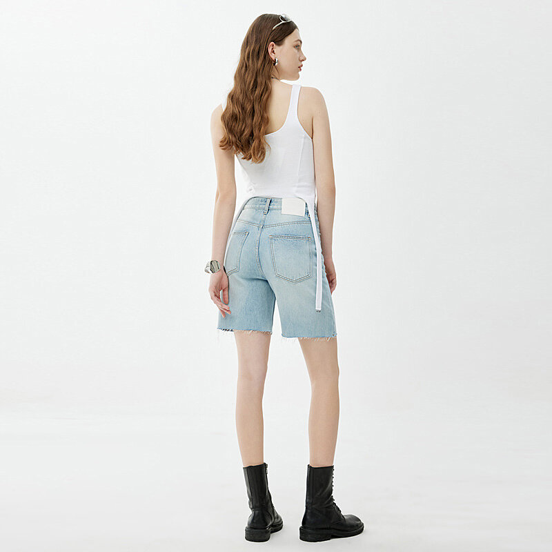 شورت جينز عالي الخصر للنساء ، حافة متوترة عتيقة ، بنطال غير رسمي واسع الساق ، جينز مستقيم ، أزرق ، صيف ، جديد ،