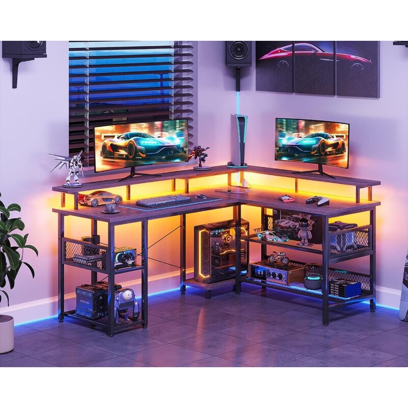 طاولة ألعاب على شكل بمنفذ طاقة وأضواء ليد ، طاولة ألعاب كمبيوتر قابلة للعكس ، منافذ USB ، 59 بوصة