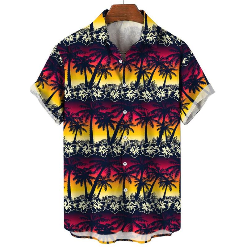 قميص هاواي رجالي بأكمام قصيرة ، بلوزة بنمط شجرة جوز الهند ، ملابس غير رسمية ، عطلة على الشاطئ ، Xl