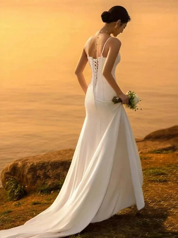 فستان زفاف عروس البحر مكشوف الظهر ، فساتين زفاف برقبة حرف V ، فساتين عروس غير رسمية ،
