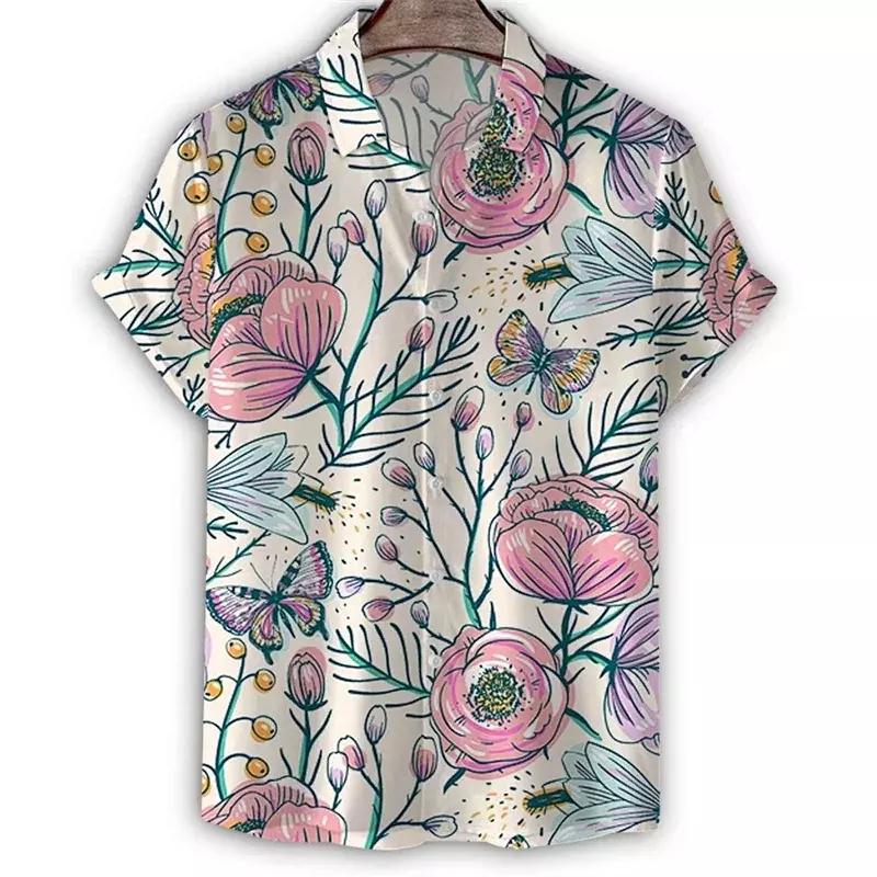 قميص رجالي بأكمام قصيرة بطية صدر ، قميص هاواي بطبعة نباتية ثلاثية الأبعاد ، زر لأسفل ، موضة منقوشة بالزهور ، الصيف ، Ga ، من من من من من الأعلى