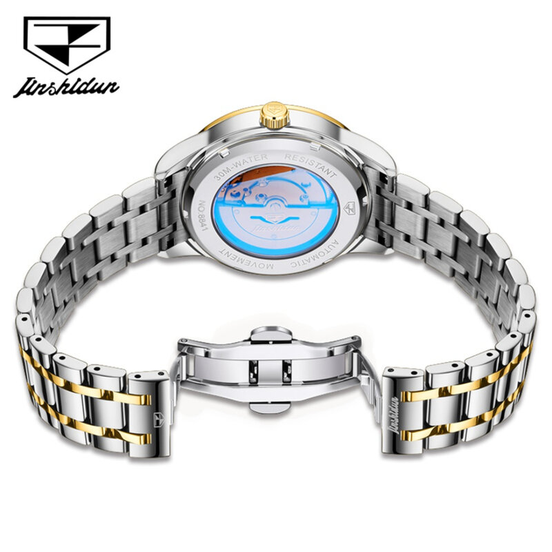 ساعة ميكانيكية كلاسيكية JSDUN مع قرص دائري ، سوار ساعة من الفولاذ المقاوم للصدأ ، شاشة عرض ، تقويم ، هدية ، من من الفولاذ المقاوم للصدأ