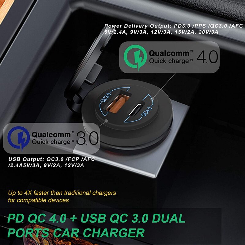 شحن سريع 4.0 PD QC 3.0 USB مقبس شاحن سيارة 12 فولت 60 واط منفذ USB شاحن سريع للسيارة ، قارب ، شاحنة ، دراجة نارية ، 4 SET