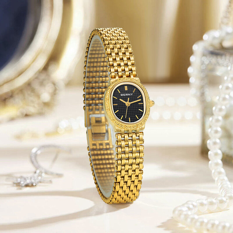 بيرني-ساعة يد نسائية بيضاوي الشكل ، ساعة كوارتز ، ذهبي ، حزام ستانلس ستيل ، مقاوم للماء ، بسيط ، فستان ريترو ، فاخر