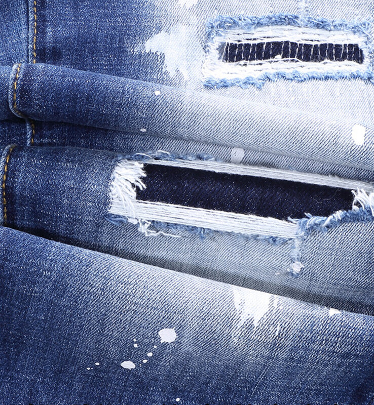 بنطلون جينز للرجال بتصميم عتيق ومطاطي باللون الأزرق بتصميم عتيق ومناسب للارتداء في الشارع