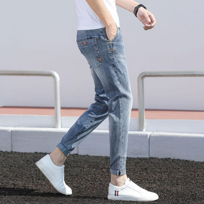 جينز ضيق مناسب للرجال بعلامة تجارية لعام 2023 ، بنطال جينز مستقيم مرن مصمم بناطيل جينز ستريتش للرجال