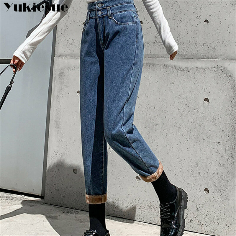 شتاء جديد الموضة خمر النمط الكوري المرأة الجينز عالية الخصر سراويل جينز شارع العليا Harajuku فضفاض الترفيه مستقيم بانت