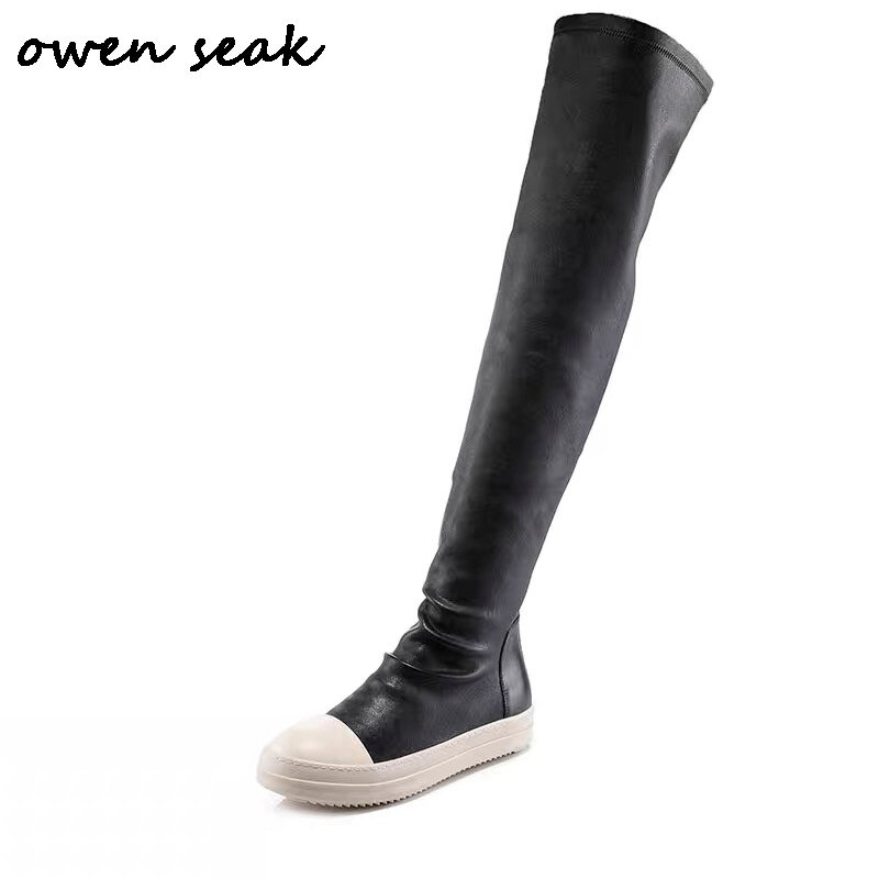أوين ساك-الفخذ فوق الركبة أحذية عالية للنساء ، أسود ، بولي Leather الجلود ، طويلة مصمم الأحذية ، الفاخرة ، تمتد ، عارضة ، الثلوج ، الربيع ، الشتاء