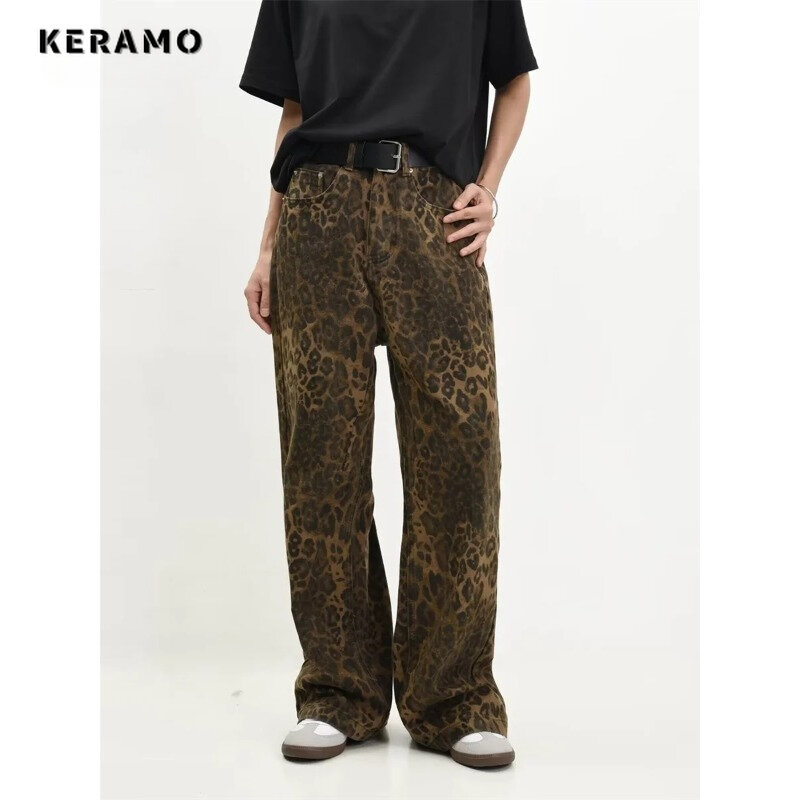 سراويل جينز بطبعة جلد الفهد الأمريكية للنساء ، خصر عالٍ ، بنطال مستقيم ، ملابس الشارع الكبيرة الحجم ، الهيب هوب ، ساق واسعة ، كلاسيكي ،