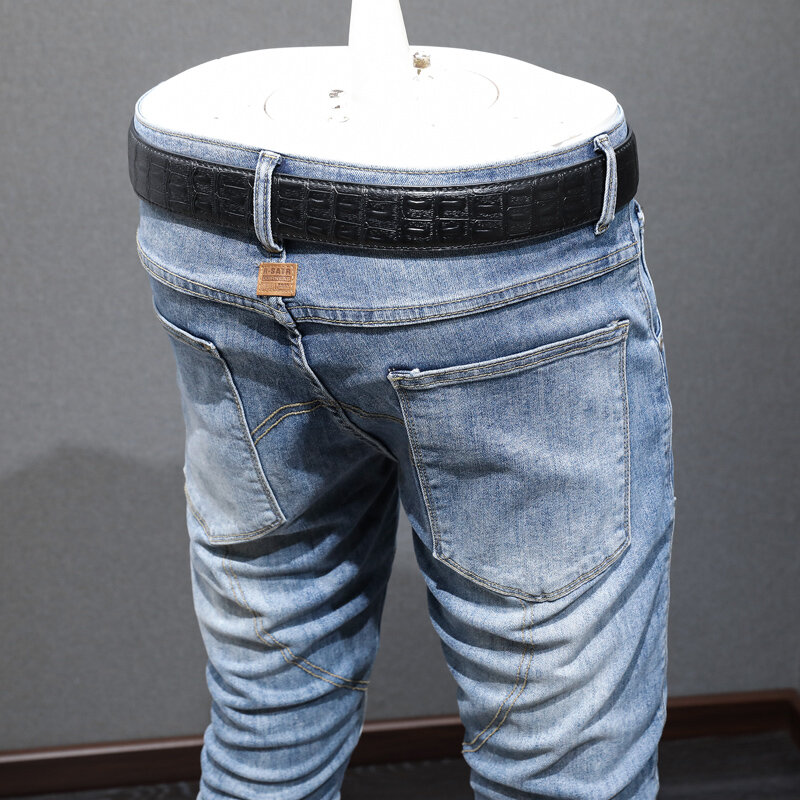 بنطلون جينز للرجال بتصميم عتيق أزرق فاتح بتصميم كلاسيكي من هاي ستريت جينز مطاط للرجال نمط هيب هوب