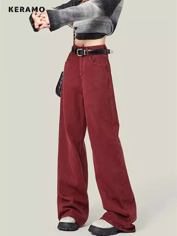 جينز نسائي أحمر بأرجل واسعة ، بنطال جينز كاجوال كلاسيكي وأطالي ، بنطال نسائي مستقيم فضفاض بخصر عالٍ ، طراز الشارع