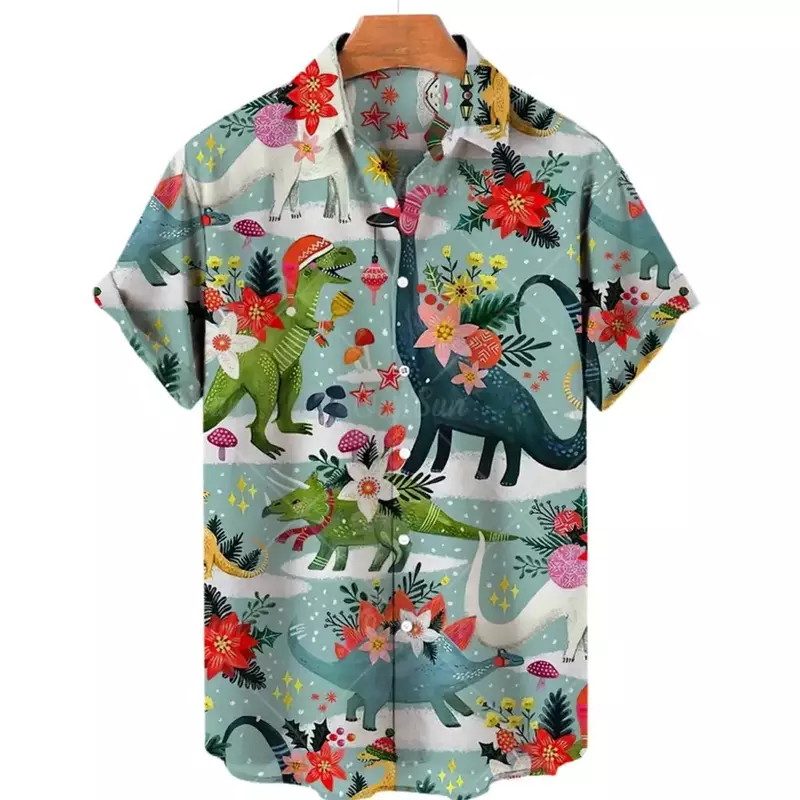 قمصان رجالية ونسائية ثلاثية الأبعاد بطباعة ديناصور ، بلوزات هاواي للتهليل ، قميص ذو طية صدر مخيف ، كوبا كاميسا ، ملابس رجالية