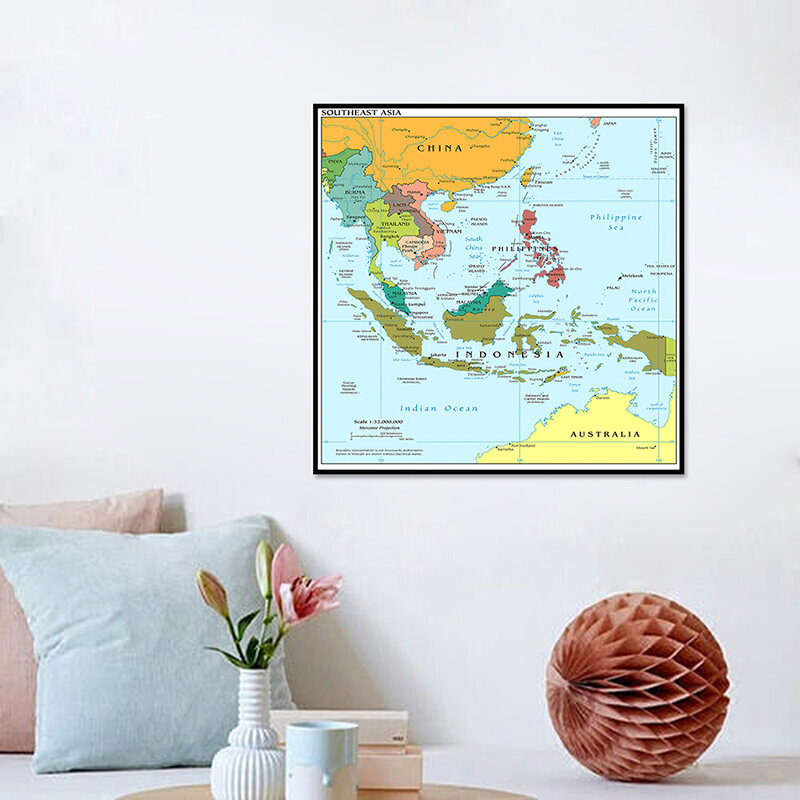 60x60 سنتيمتر قماش رذاذ جنوب شرق آسيا السياسية توزيع خريطة ملصق فني يطبع غير المؤطرة غرفة ديكور المنزل الفصول الدراسية لوازم