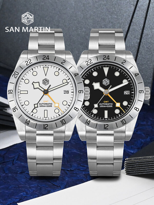 سان مارتن-التلقائي الميكانيكية GMT ساعة للرجال, NH34 الفولاذ المقاوم للصدأ الرياضة ساعة, الياقوت مضيئة, مقاوم للماء, جديد, 39 مللي متر