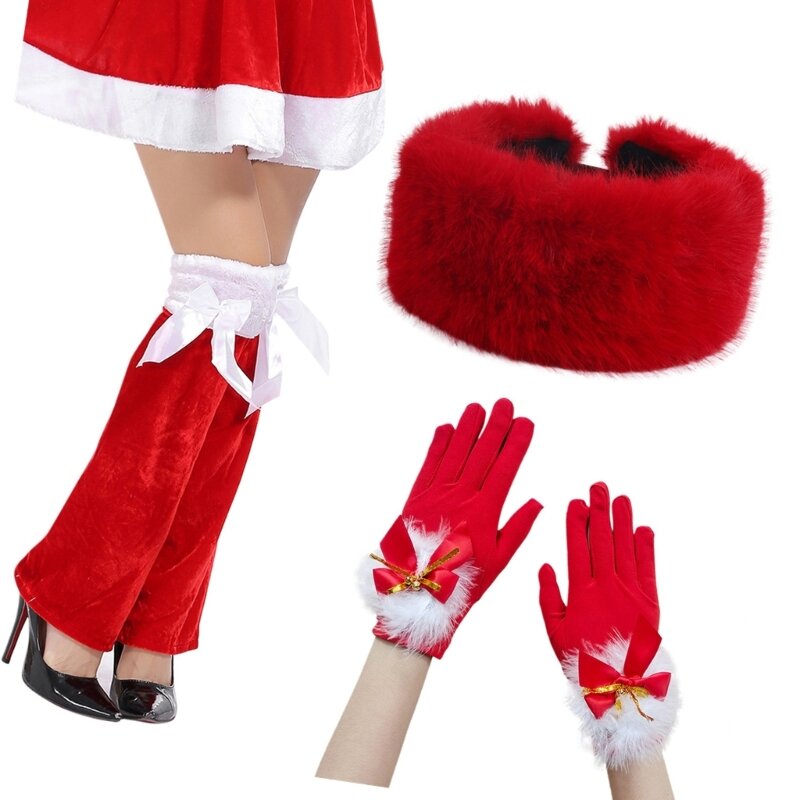 قفازات سانتا للكريسماس، ملحقات أزياء لعب الأدوار، قبعة سانتا الحمراء لتدفئة الساق