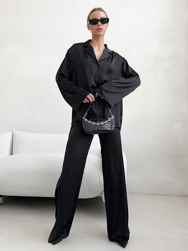 Marthaqiqi-طقم ملابس نوم وسراويل نسائية طويلة الأكمام ، بدلة نوم للسيدات ، ياقة مقلوبة ، فضفاضة ، مثيرة ، موضة
