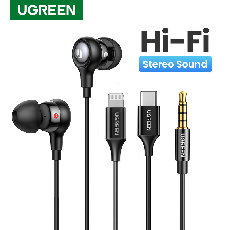 UGREEN Aux سماعات الأذن ، 3.5 مللي متر USB نوع C سماعات أذن بأسلاك عزل الضوضاء التحكم في مستوى الصوت ميكروفون ل أندرويد MP3/MP4