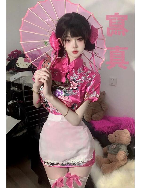 فستان هانفو على الطراز الصيني للنساء ، فتاة مثيرة ، رغبة نقية ، طراز حار ، مجموعة شيونغسام محسنة مع مريلة