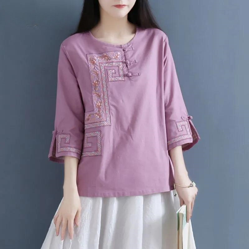 Miiix-قميص نسائي كلاسيكي بأزرار من الكتان ، بلوزة صينية مستديرة الرقبة ، قمصان مطرزة ، ملابس نسائية ، ربيع ، صيف ، جديد ،
