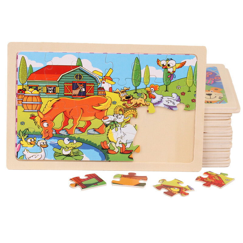 24 قطعة من الألغاز للأطفال الرضع والأطفال الصغار التعليم المبكر التنوير المعرفي الحيوان لغز ألعاب خشبية