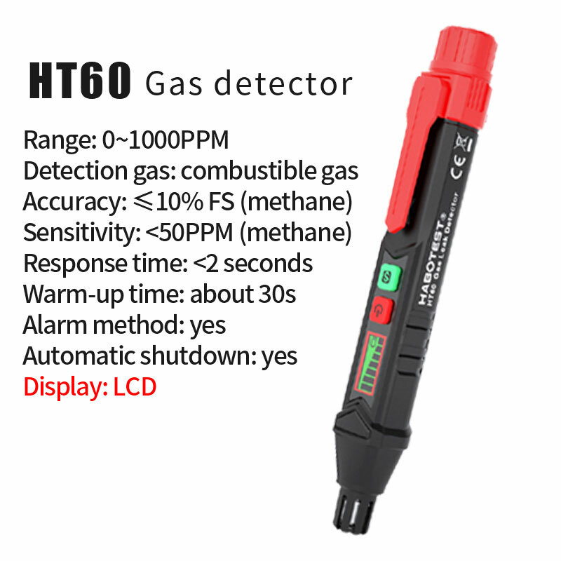 HABOTEST HT59/HT60 كاشف تسرب الغاز 0-1000PPM الصوت والشاشة إنذار قابل للاشتعال الغاز الطبيعي CH4 CO مكتشف