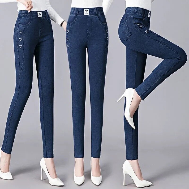 سروال جينز ضيق عالي الخصر للنساء ، مقاس كبير 34 بنطلون جينز مطاطي ، طول الكاحل ، نحيل وأنيق ، نمط كوري ، جديد ، 2023