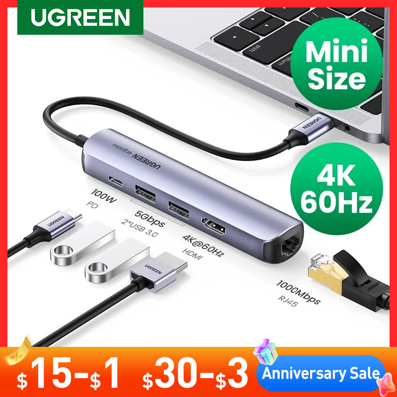 UGREEN USB C محور البسيطة حجم USB نوع C 3.1 إلى 4K HDMI RJ45 USB 3.0 محول USB C حوض ل ماك بوك برو ماك بوك الهواء 2020 قطعة USB Hub